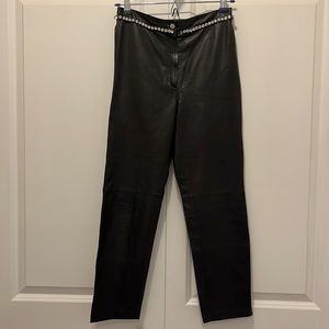 Blumarine Black Leather Pants with Sparkly Rhinestone Waistband